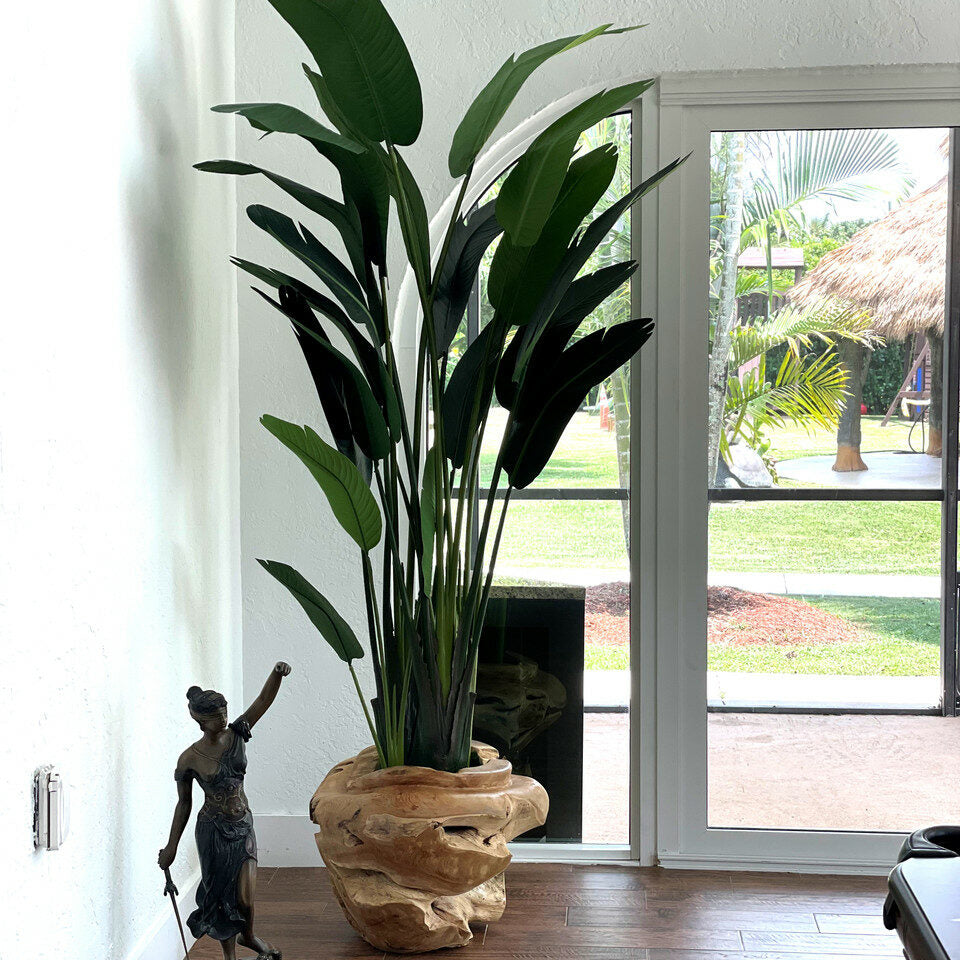 Grand vase en teck avec grand oiseau de paradis
