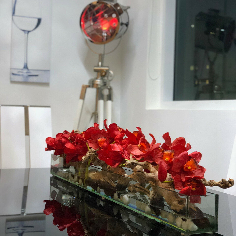 Cache-pot en verre Modern Home 122 cm avec cymbidiums rouges