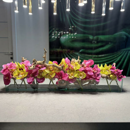 Vase en verre Modern House avec vandas roses et cymbidiums verts