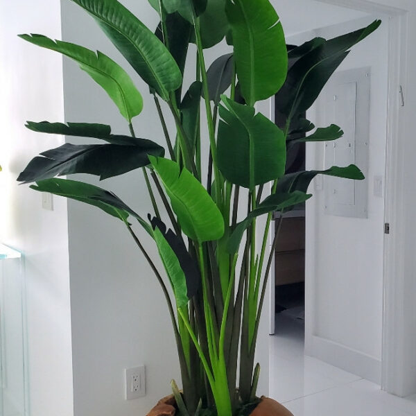 Grand vase en teck avec grand oiseau de paradis