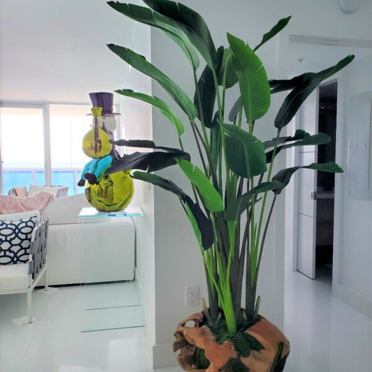 Grand vase en teck avec grand oiseau de paradis
