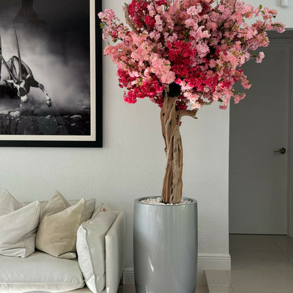 Vase Lisbonne argenté brillant avec fleurs de cerisier tricolores rose personnalisées