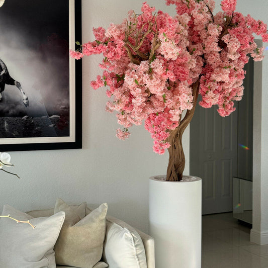 Vase Saint-Tropez blanc mat avec fleurs de cerisier roses personnalisées