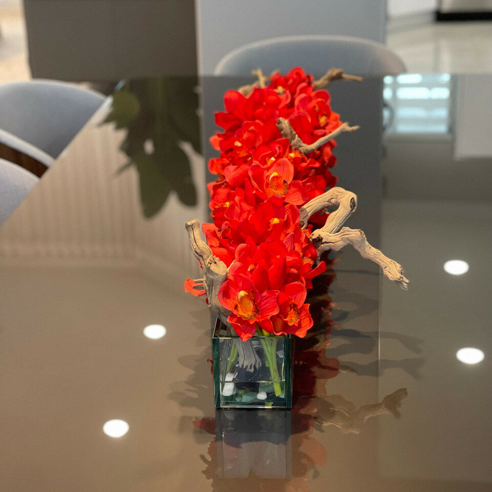 Cache-pot en verre Modern Home 122 cm avec cymbidiums rouges