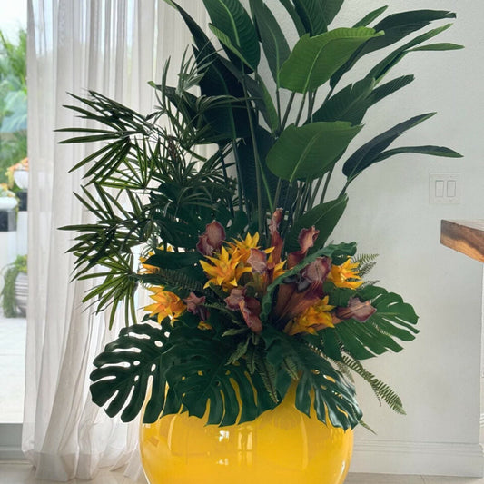Mélange de plantes tropicales dans pot globe jaune