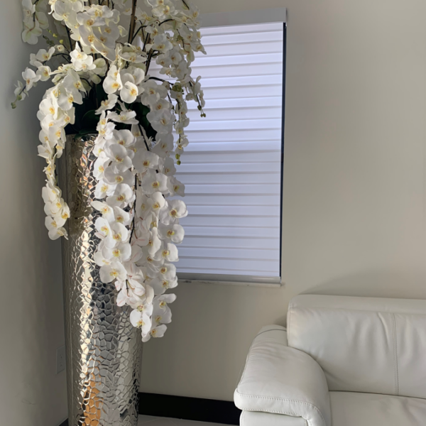 Orchidées Phalaenopsis en cascade dans un grand vase martelé extra haut